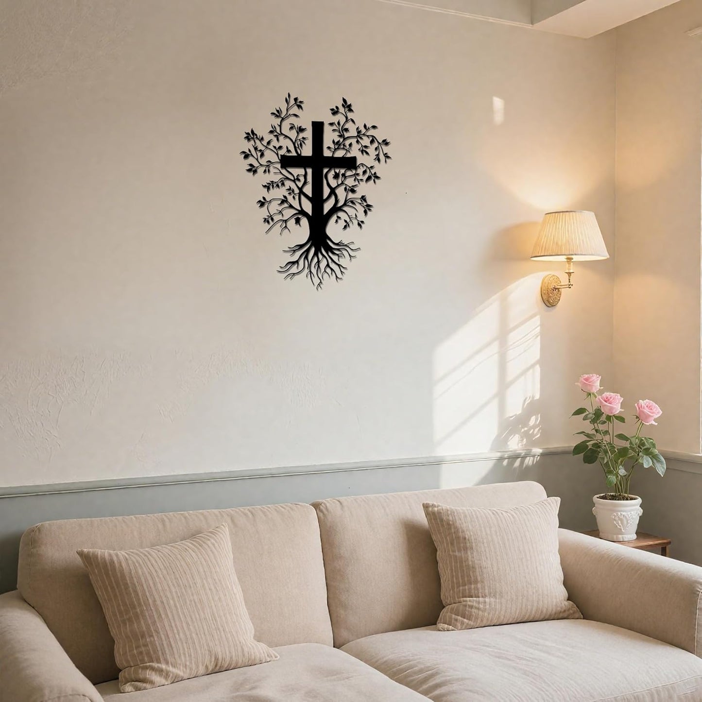 Metal Jesus Cross Wall Art with Tree & Roots Design