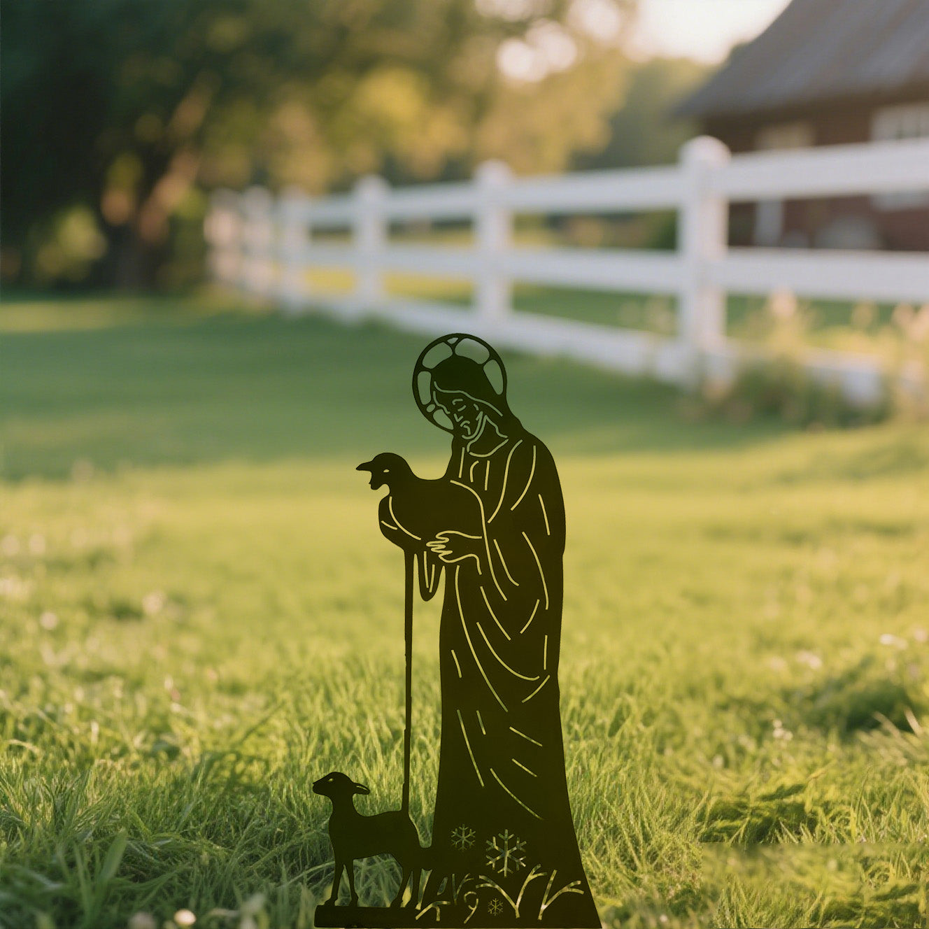 Jesus and Sheep Metal Yard Sign – Christian Faith Decor