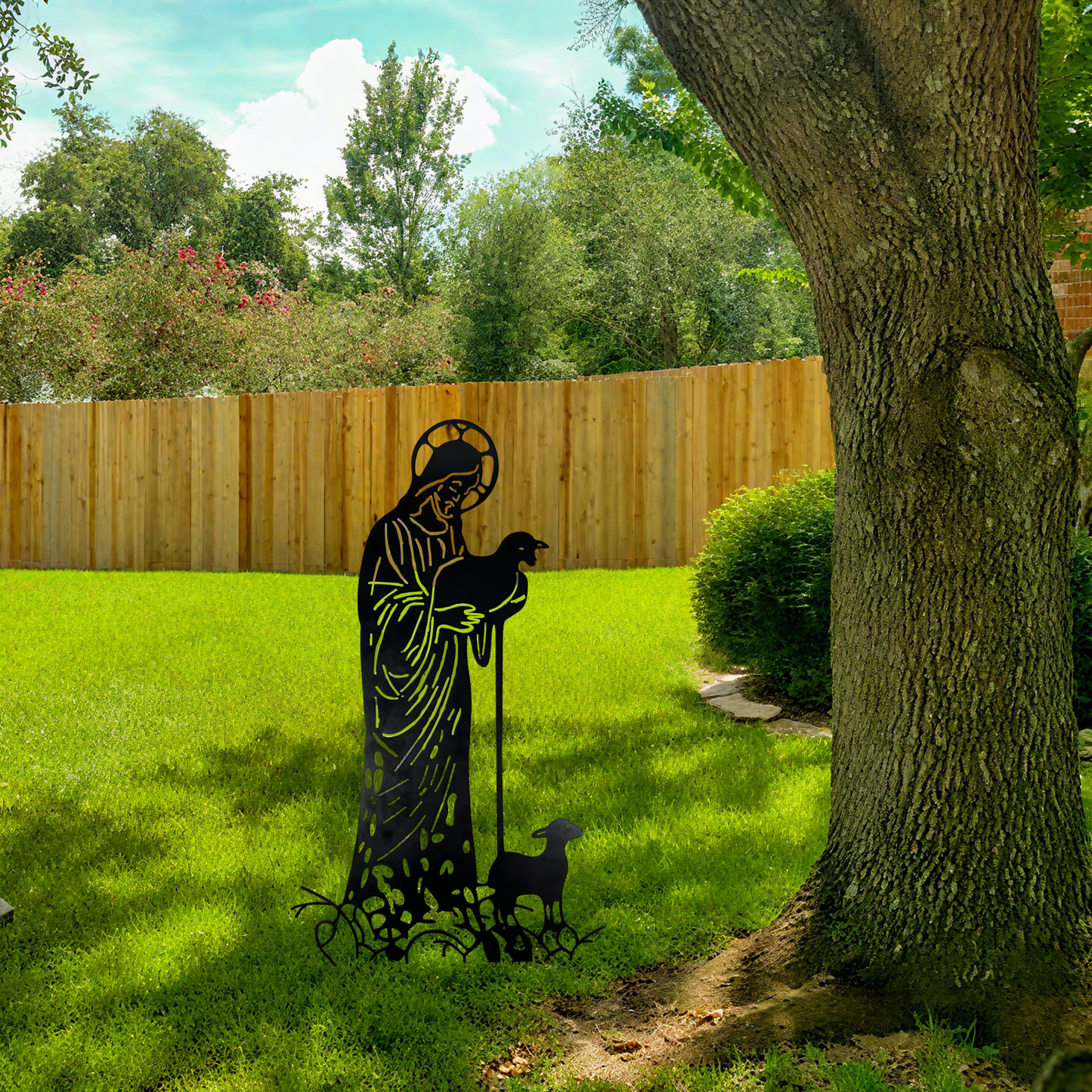 Jesus and Sheep Metal Yard Sign – Christian Faith Decor
