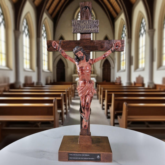 Hand-Carved Crucifix with Engraved Scripture Base