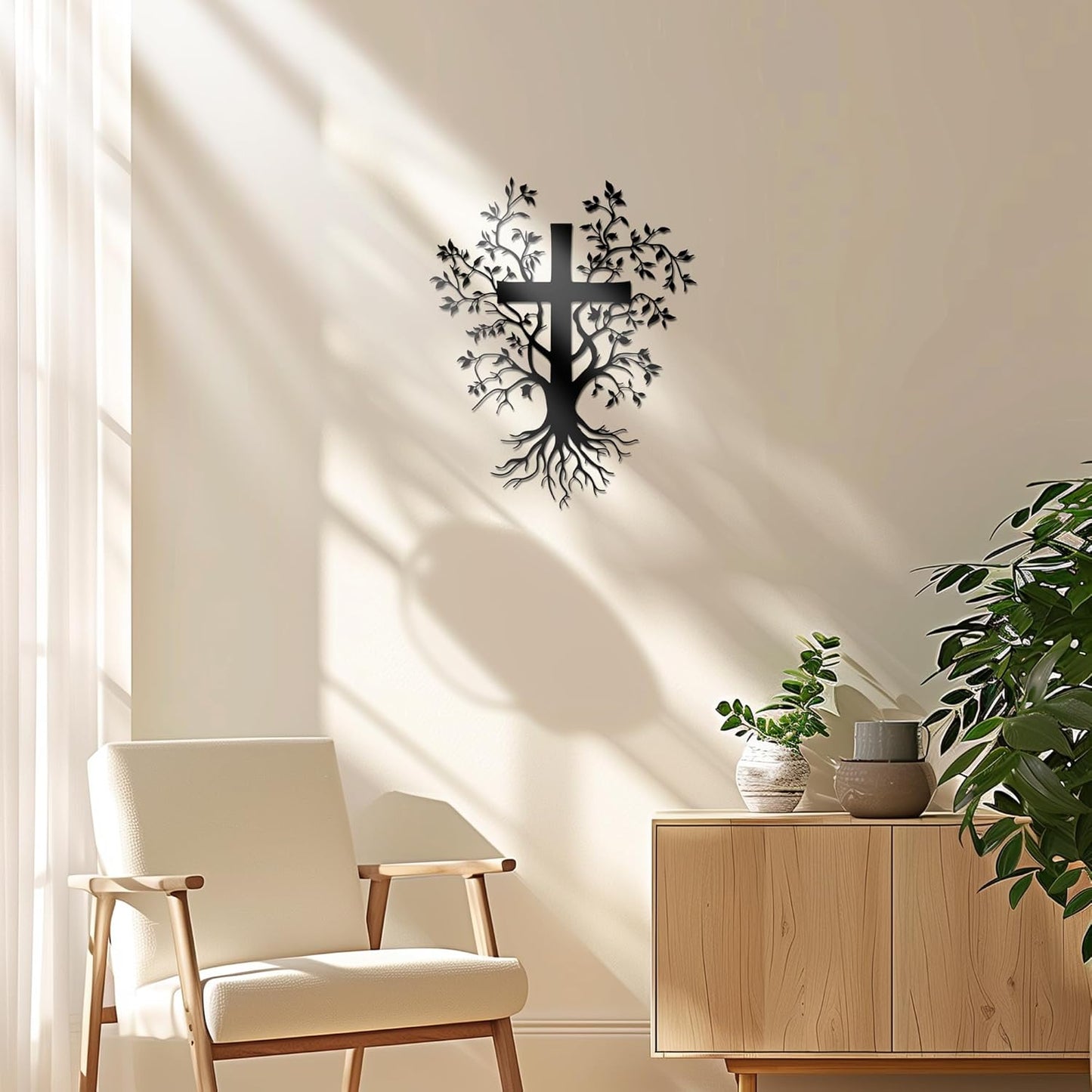 Metal Jesus Cross Wall Art with Tree & Roots Design