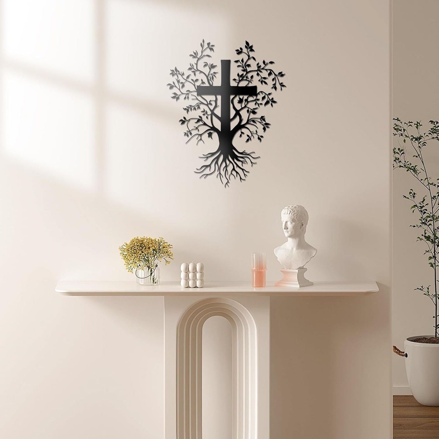 Metal Jesus Cross Wall Art with Tree & Roots Design