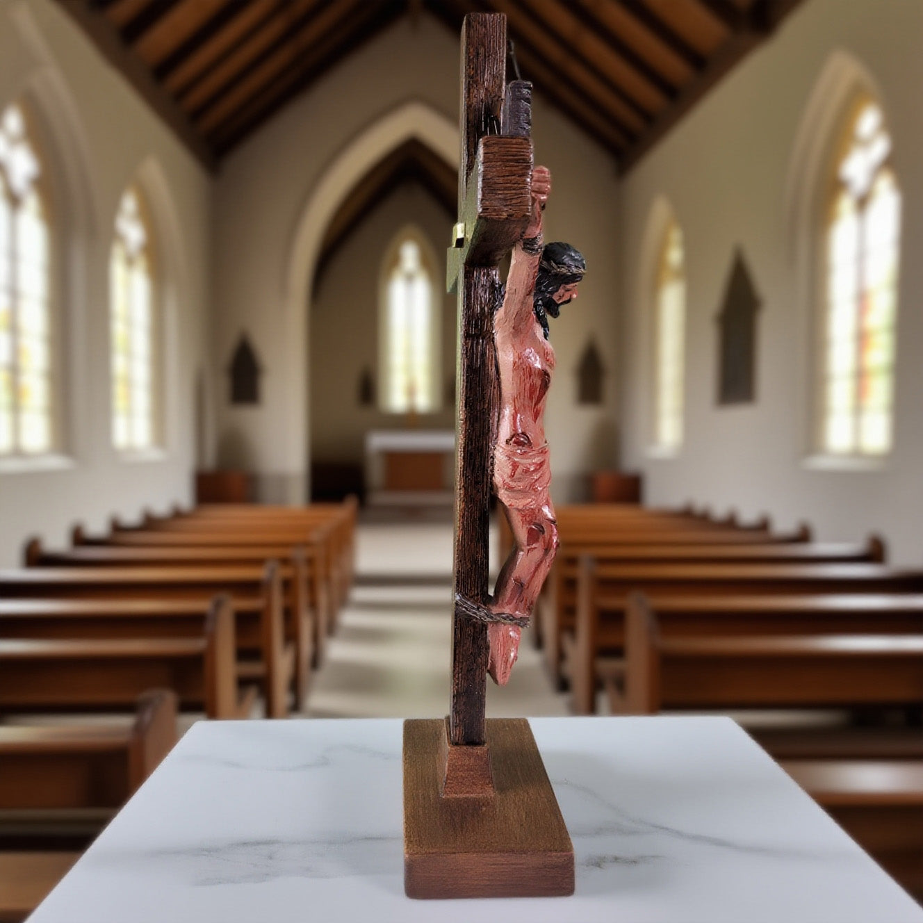 Hand-Carved Crucifix with Engraved Scripture Base