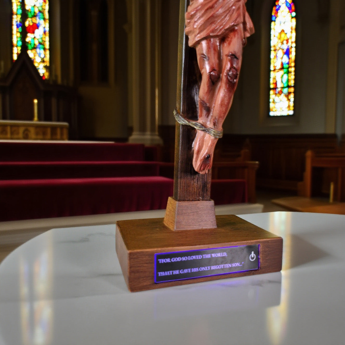 Hand-Carved Crucifix with Engraved Scripture Base