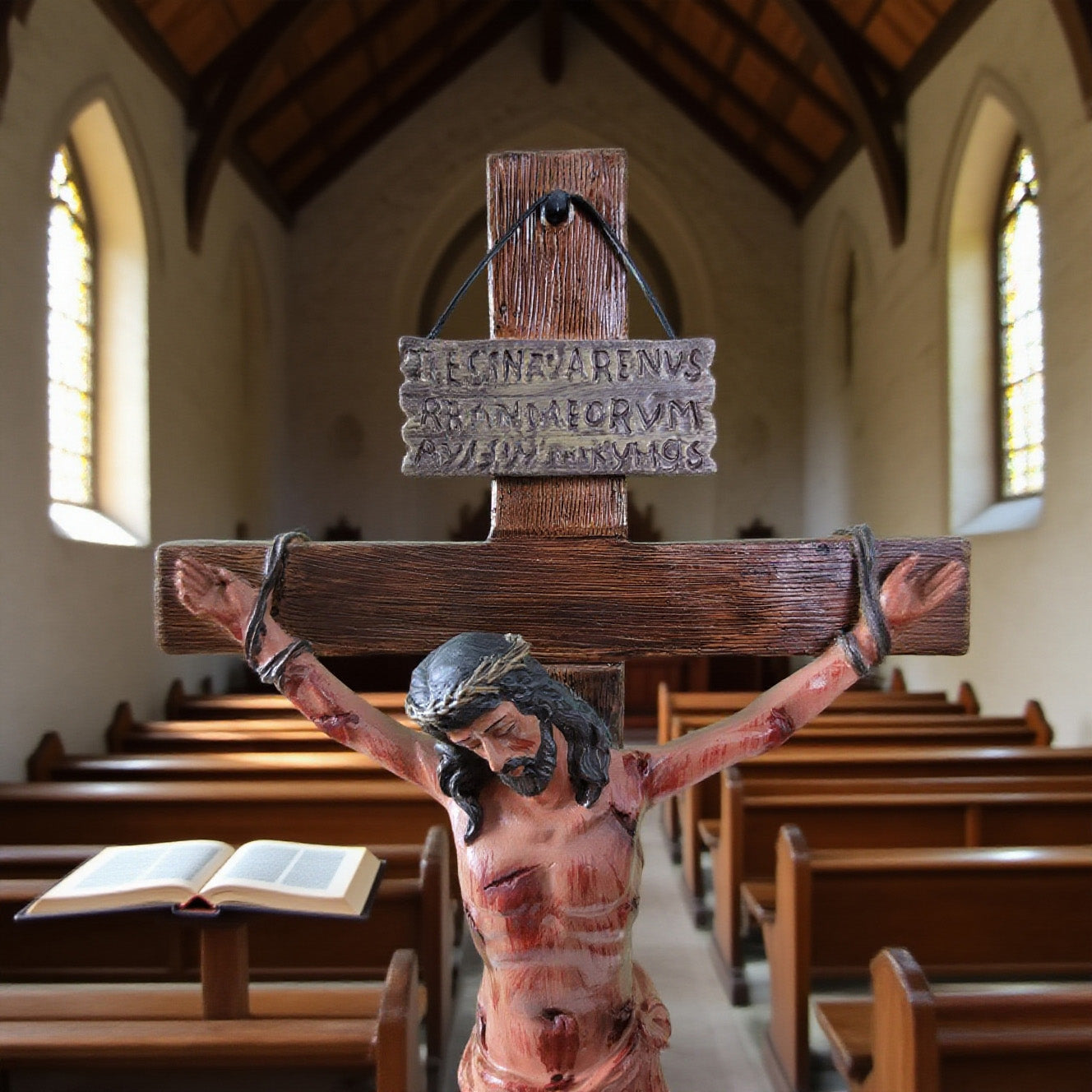Hand-Carved Crucifix with Engraved Scripture Base