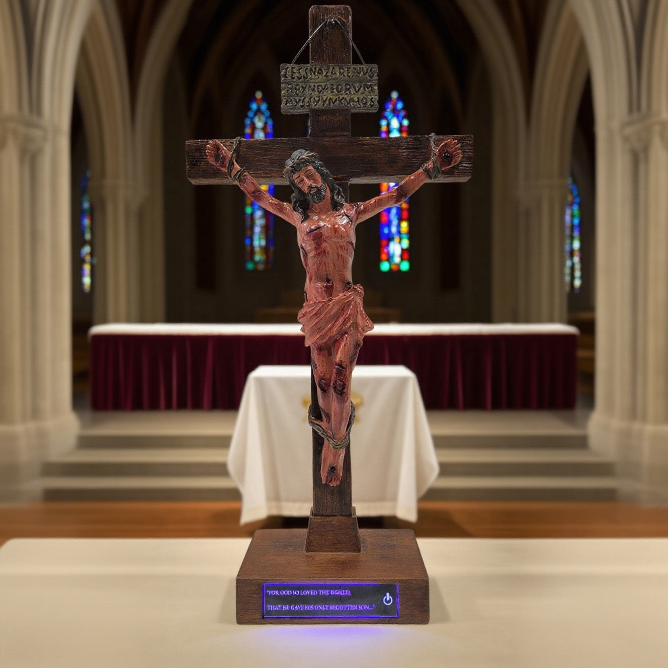 Hand-Carved Crucifix with Engraved Scripture Base